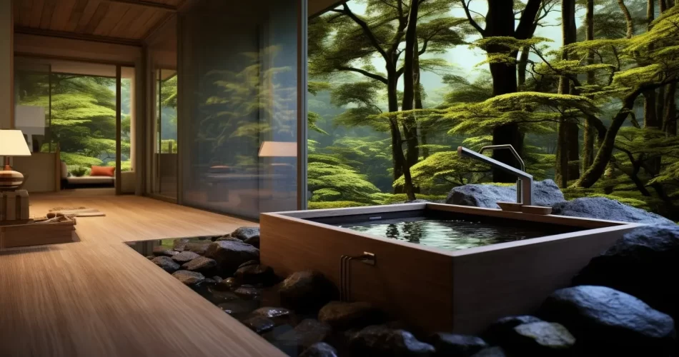 Une très jolie baignoire japonaise dans une salle de bain traditionnelle