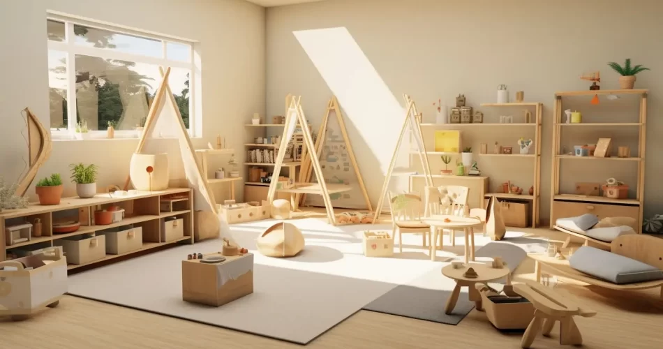 Plusieurs meubles Montessori dans une très belle chambre pour enfant