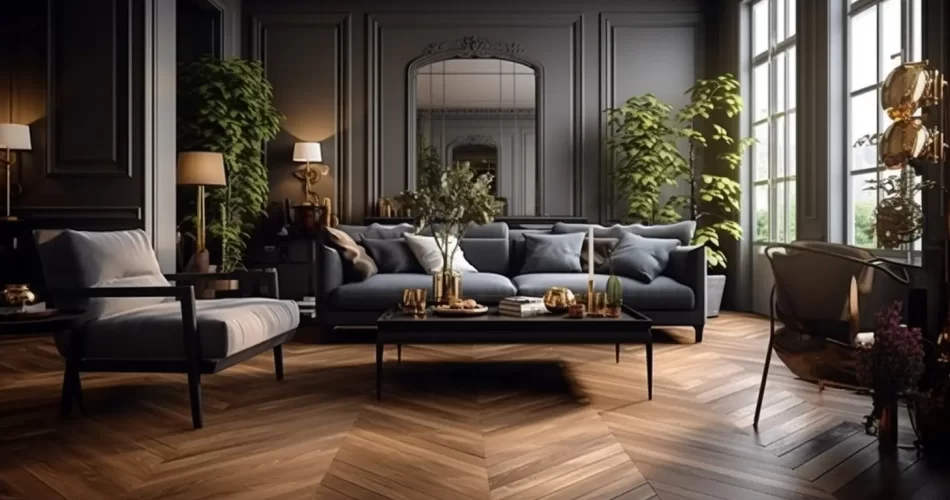 Un parquet pointe de Hongrie dans un magnifique salon dans un appartement parisien